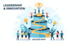 © Anna - Vibrant vector illustration depicting leadership and innovation, showcasing a team climbing a tiered success path towards a golden trophy, symbolizing achievement, growth, and collaborative effort in