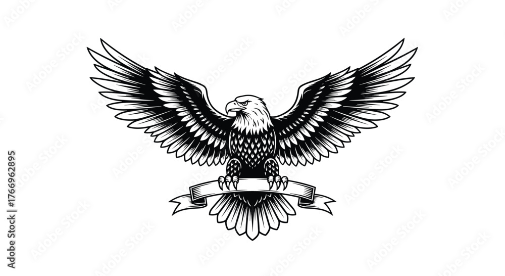 A majestic bald eagle with powerful, outstretched wings gripping a ...
