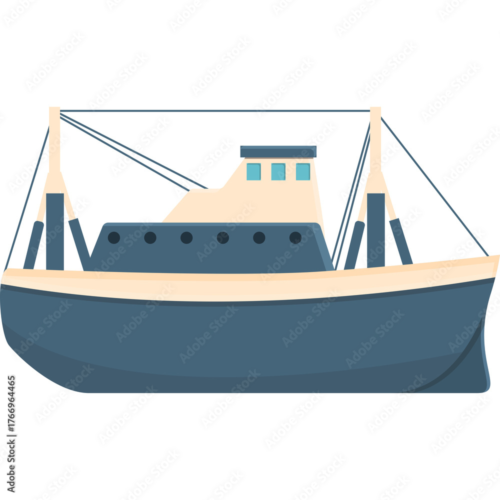 Blue and beige fishing trawler boat with rigging and windows floating ...