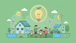 © Andi - Vivid flat vector illustration of a family embracing a sustainable lifestyle, featuring a house with solar panels, wind turbines, an electric car charging station, and a glowing lightbulb symbolizing