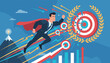 © Isabell - Dynamic illustration of a superhero businessman in a red cape soaring through the sky, symbolizing ambition, success, and achieving business goals with a target and growth charts in the background