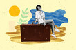 © deagreez - Sketch image trend artwork montage 3D photo collage of sea sand voyage journey tourist agency beach ocean young lady sit baggage sun