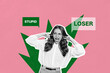 © deagreez - 3d full poster banner collage of worried scared girl shut ears stupid loser bubble offense bullying tension stereotype hater