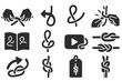 © Sergey - Knot Tying Icons. Solid style icons of Knot Tying Process: hands tying, over-under motion, loop creation, pull tight, training