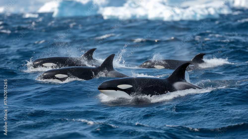 Pod of orcas swimming near Antarctic icebergs in deep blue water orcas ...