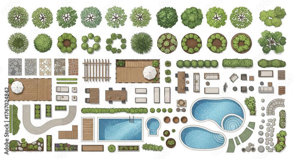 2D Plan Landscape Design Collection; Vector Garden Elements, Outdoor ...