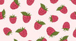 © Monika - Seamless pattern featuring a delightful array of ripe red raspberries and their green leaves, evenly spaced on a gentle pink backdrop.