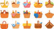 © razia - Collection of picnic baskets, woven designs with food, fruits, bread, drinks, outdoor meal setup, summer picnic illustration, decorative vector art