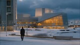 Lone pedestrian crossing a snow-dusted modern plaza at dawn, breath visible in cold air, surrounded by glowing streetlights — symbolizing solitude, quiet reflection, and minimalist winter city