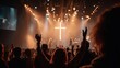 © Oleh - Crowd of people raising their hands in praise during a christian worship event, with a glowing cross visible on the stage and bright lights illuminating the scene, expressing faith and community