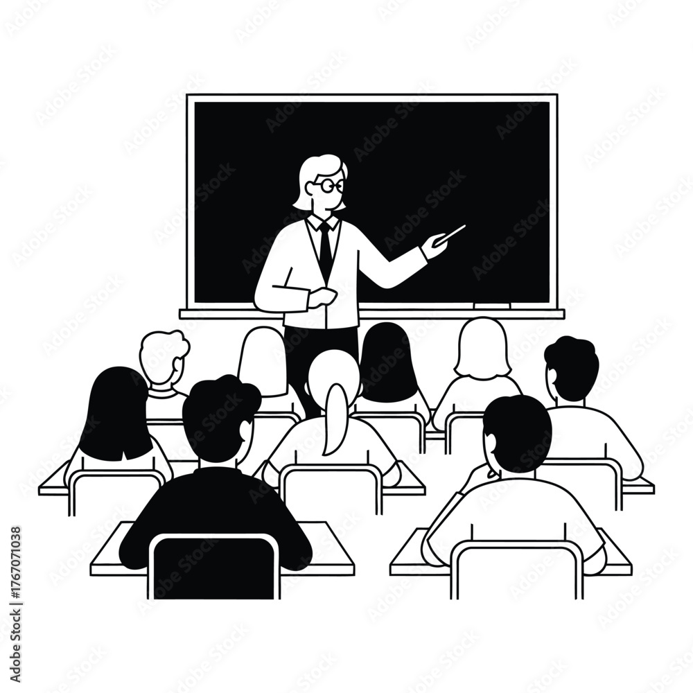 Teacher instructing students in a classroom with a blackboard behind ...