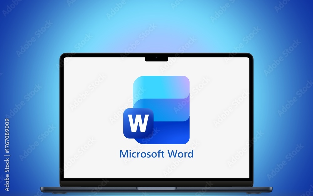 Microsoft Word Logo is displayed on a modern laptop computer in front ...