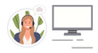 © robu_s - Smiling woman in headset with speech bubble next to blank monitor. Ideal for business communication, online support, virtual assistance, call center, tech help, education, customer service as simple