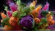 © irawan - Vibrant, colorful cruciferous vegetables explode with dynamic powder clouds against a dark background