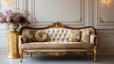 Ornate baroque style sofa rests against a classically paneled wall with decorative floral accents.