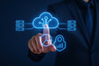 © nattapong - Business professional interacts with digital cloud interface, showcasing data security, analytics, and technology. image conveys innovation and modernity in data management