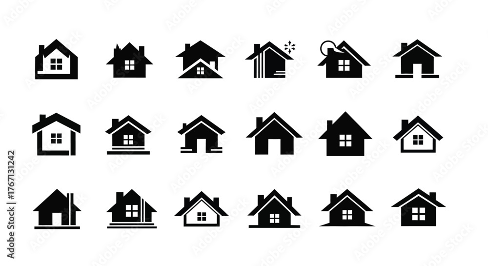 Collection of simple black and white house icons in various styles ...