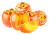 fresh ripe whole and halved persimmons, also known as kaki fruit, arranged in a vibrant composition, photographed with sharp focus and detailed texture.