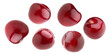 © Ian - studio photograph of seven glossy, deep red cherries scattered and individually distinct, showcasing the fresh, ripe fruit isolated sharply against a pure transparent background.