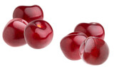 realistic photograph showcasing two small arrangements of dark red, ripe, sweet cherries, grouped together and isolated on a deep transparent background.