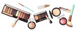 © AbdulWaheed - comprehensive collection of makeup essentials scattered dynamically in a curved wave pattern, featuring palettes, lipsticks, and professional cosmetic brushes.
