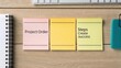 © Amran - Colorful sticky notes with written phrases arranged on a wooden desk, showcasing project planning and organization methods