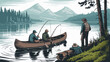 © Shapan - Vector art of three people fishing from a canoe on a calm lake with mountains in background