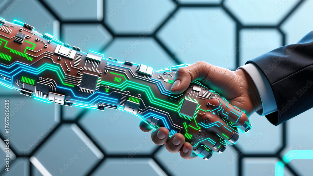 Human And AI Handshake Representing Digital Business Partnership And ...