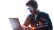 © Shankar - Man using augmented reality glasses while coding on a laptop at his workstation on transparent background