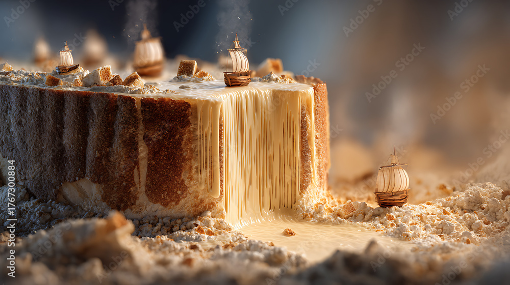Fantasy cheese waterfall flowing from giant bread wheel with tiny ...