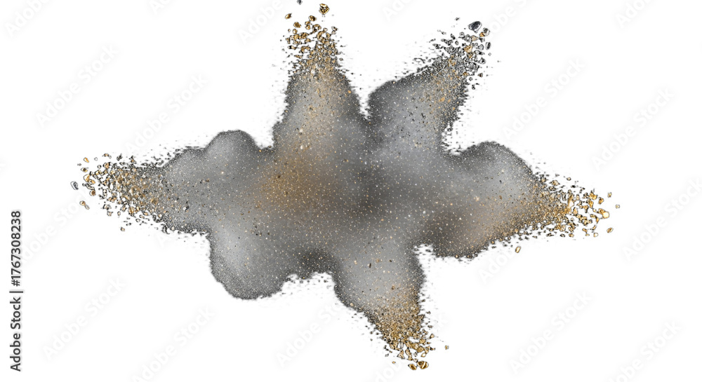 Dynamic dust explosion with scattered particles isolated on white ...