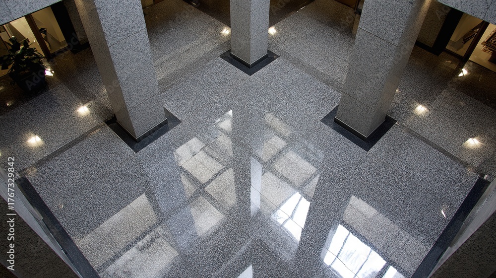 Granite floor with reflective tiles and columns, in a modern commercial ...