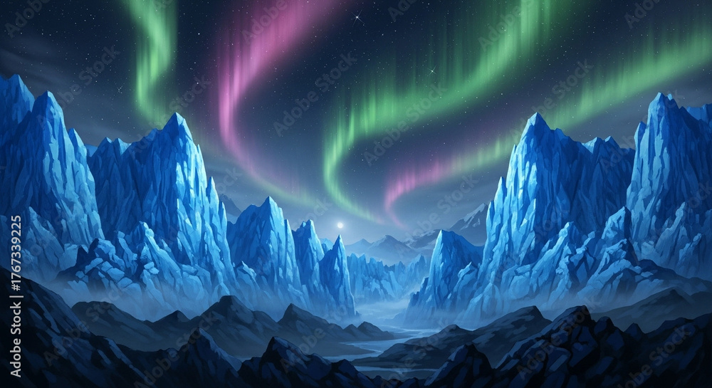Stunning aurora borealis dancing over majestic ice mountains, a vibrant ...