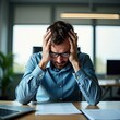 © Andrew505 - Stress and burnout in the workplace with a frustrated businessman holding his head in despair over financial documents.