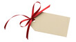 © Moeen - A blank beige gift tag tied with a red satin ribbon bow isolated on transparent background