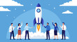 © KBTO - Innovative flat design illustrating a business startup launch with a team and a rocket soaring into the sky