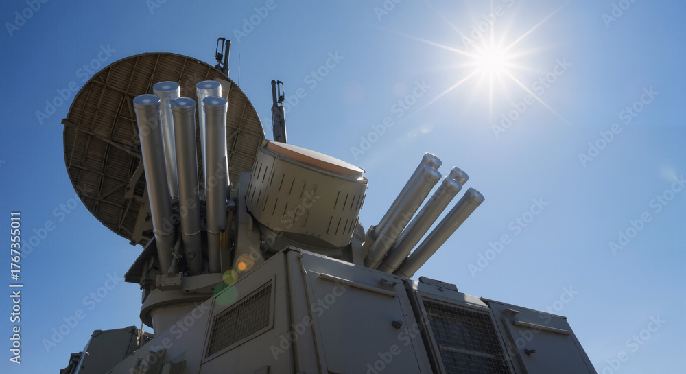 Military radar system with missile launchers under clear blue sky Stock ...