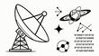 © Miasahin - Illustration of a satellite dish, planet, stars, constellations, and binary code, showcasing space exploration and technology themes in a minimalist style