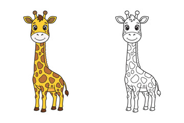  Cute Cartoon Giraffe — Colored and Outline Vector Illustration for Kids.