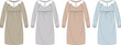 © Tuhin - Set of women's long-sleeved nightgowns with a ruffled collar in four colors. Classic vintage sleepwear fashion technical flat sketch vector illustration