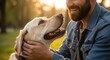 © Shipna - Man with beard in denim jacket petting a happy golden labrador dog in a park at sunset
