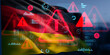 © ImageFlow - Germany cyber threat warning concept with digital alert symbols and data charts on national flag background in futuristic hologram interface style. 3D Rendering