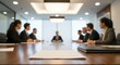 © Norah Allen - Corporate business meeting in modern boardroom with executives discussing strategy around conference table, documents and reports in focus, professional teamwork collaboration concept