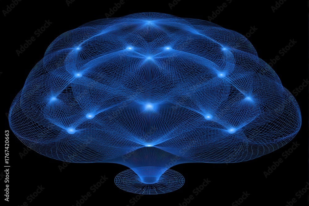 Complex neural network representation in blue light illustrating ...