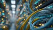 © horizon - Close-up of a server room shows intricate blue and yellow cables. Glowing LEDs create a soft bokeh background in this futuristic, cinematic photo.