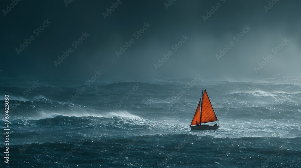 Lone sailboat with a bright orange sail navigates a dramatic, stormy ...