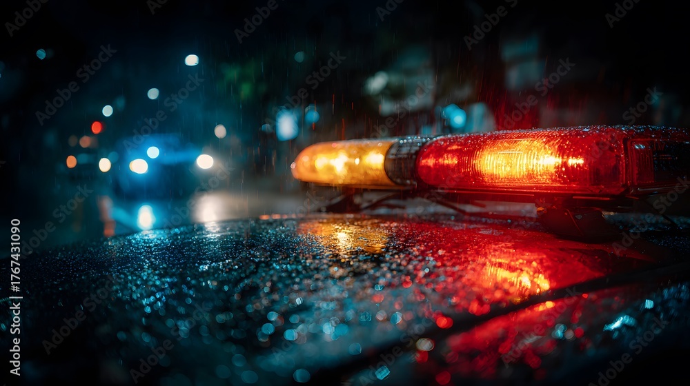 Top of a police car at night has red and blue emergency lights flashing ...
