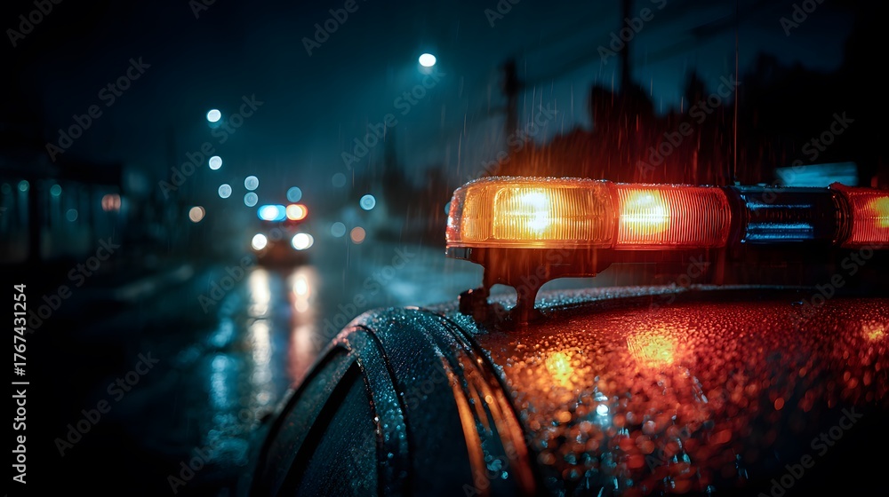 Top of a police car at night has red and blue emergency lights flashing ...