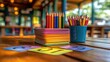 © huhu - Colorful pencils, number cards, and flashcards on a wooden table in a classroom.