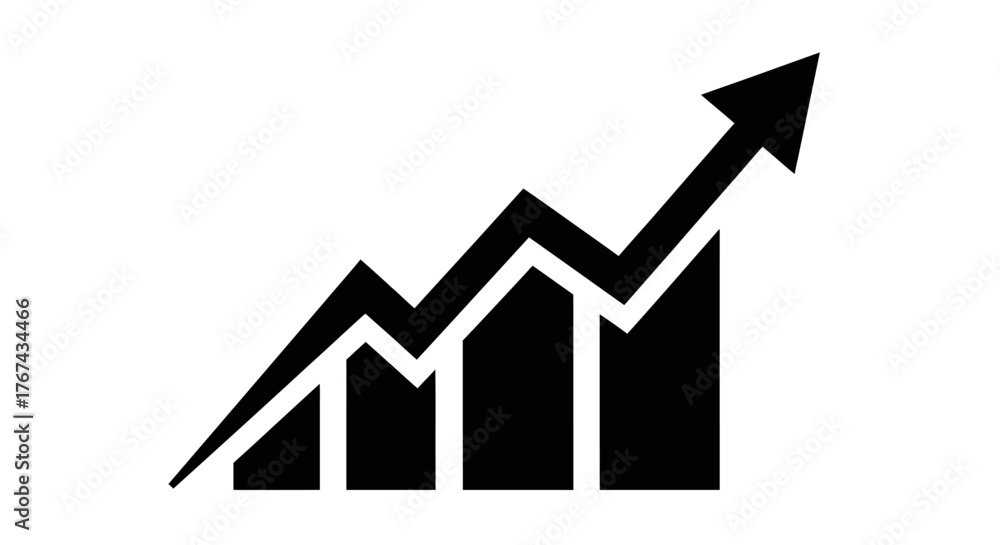 Black and white graphic showing a rising bar chart with an upward ...